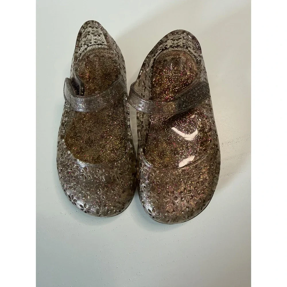 Girls Jelly Mary Jane Flats Glitter Floral Cutout Sparkle Shoes Size 6